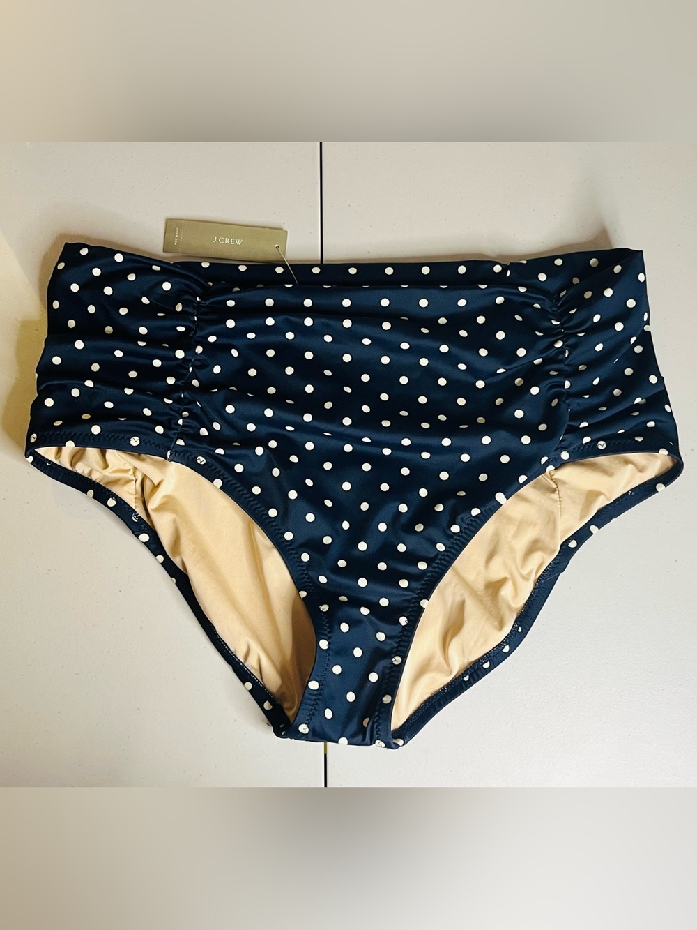 J.CREW Women's High-Waisted Polka Dot Swim Bottom Blue/White XL Lined Ruched
